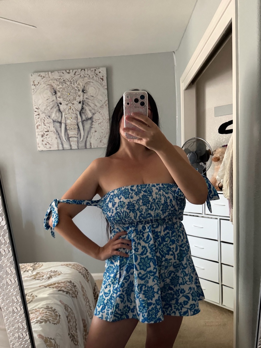 Blue & White Smocked Shirred Arm Ties Strapless Floral Romper Playsuit S Small